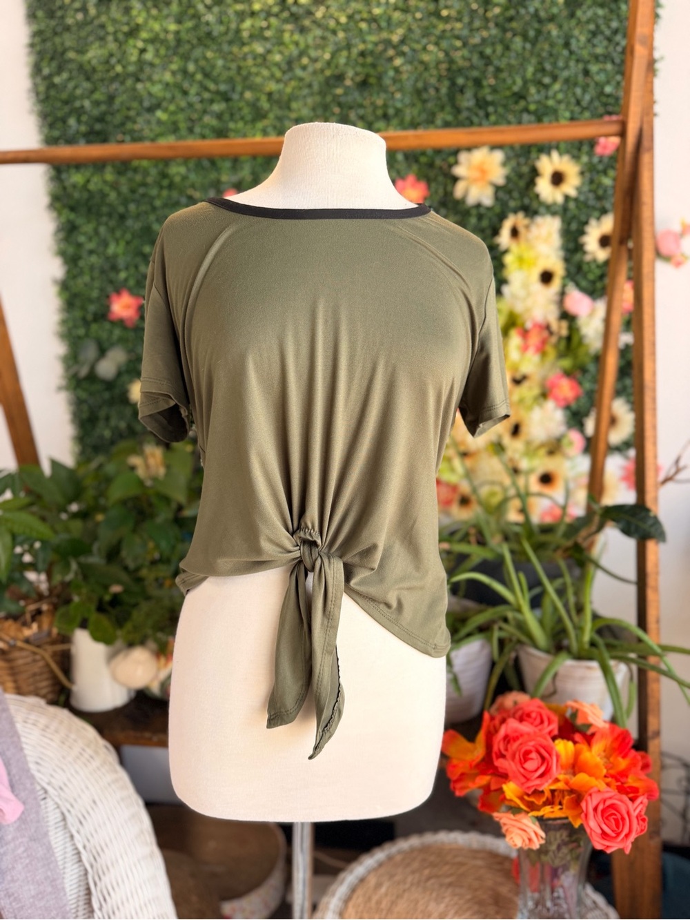 Justify Olive Green Short Sleeve Tie-Front Top with Black Trim